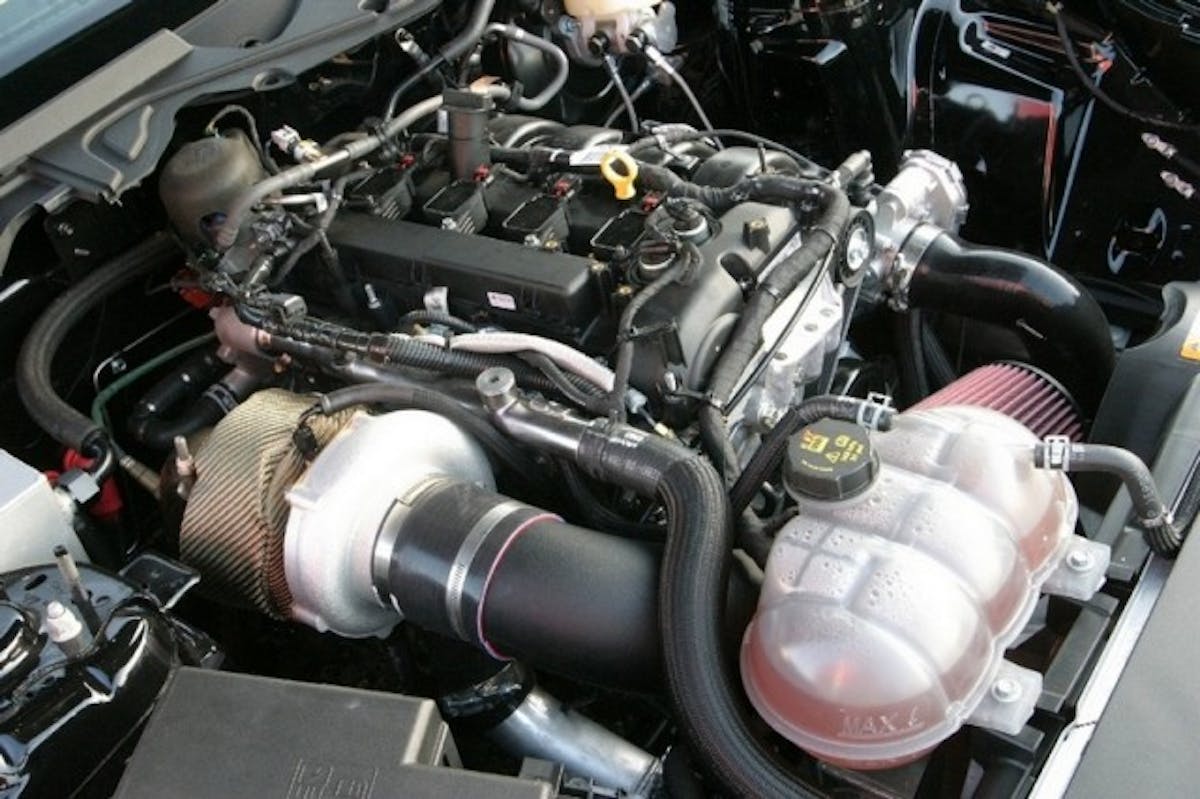 The Precision 55mm turbocharger is ever-present, and it's the same turbo he's had on the car from its initial build. Other EcoBoost Mustangs have tried a 58mm turbo, but Gusler has had great luck with the 55mm unit.