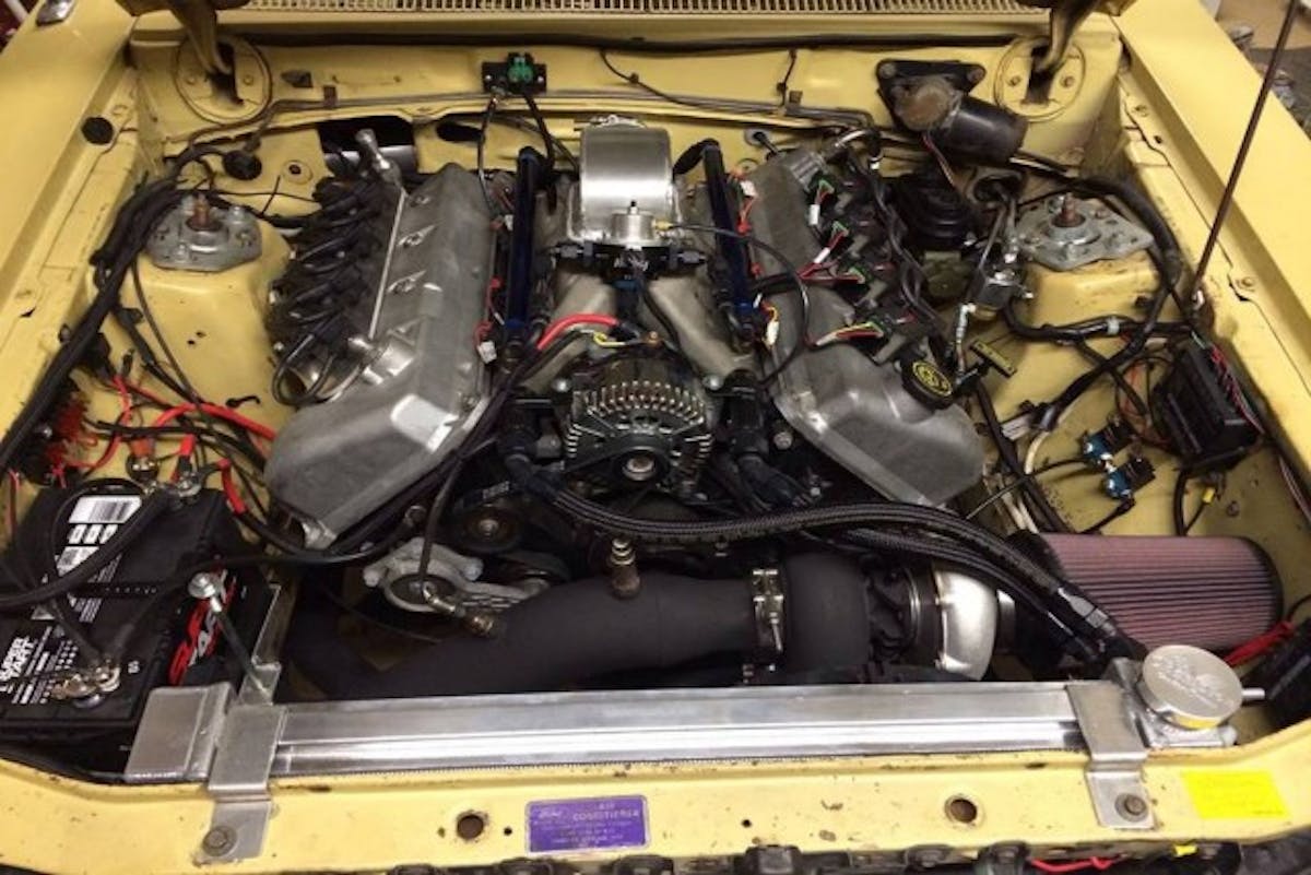 Using largely a 2003 Cobra engine, the powerplant disposes of the factory Eaton supercharger in favor of a Precision single turbo.