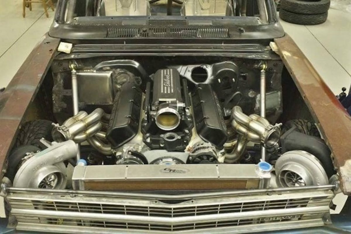A Turbo 400 with a Gear Vendors overdrive will live behind the twin-turbocharged big block Chevy.