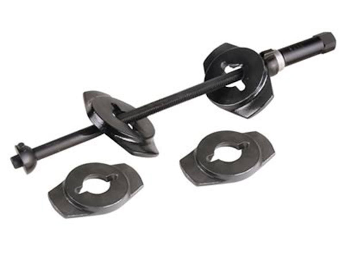 When working with coil springs, always use the proper tools and equipment such as this coil spring compressor. Image via Summit Racing