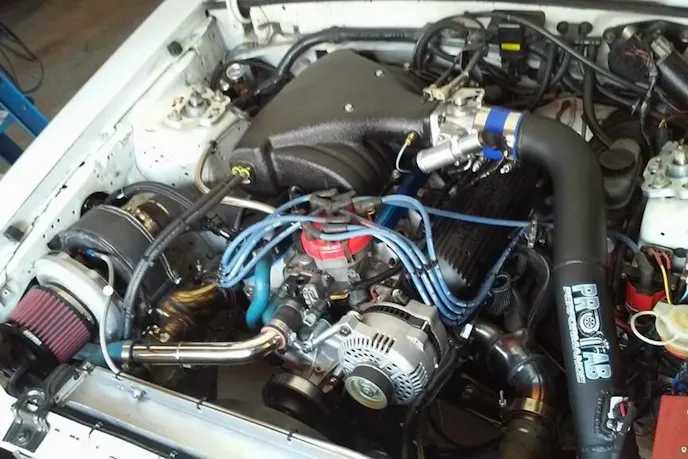 A single turbo 331 lives under the stock hood, and at the moment kicks out 420-rwhp on 6 pounds of boost. More is available, obviously, but more power will come later down the road.