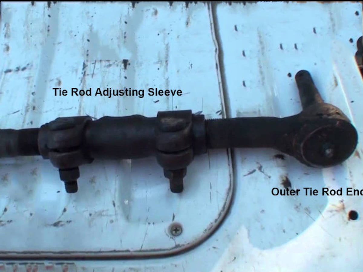 Toe adjustment with steering gearbox steering is accomplished by loosening these two lock nuts and rotating the sleeve. Image by author.