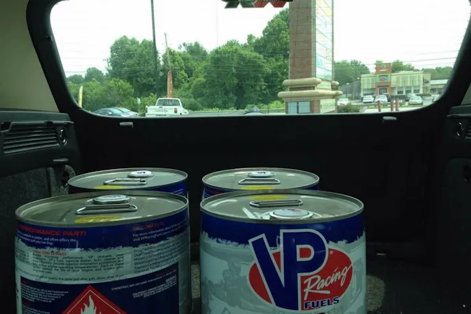 NMRA racer, Valerie Clements, in preparation of this weekend's race at Summit Motorsports Park in Norwalk, Ohio, was ready to have her Renegade Mustang loaded with VP Racing fuel.