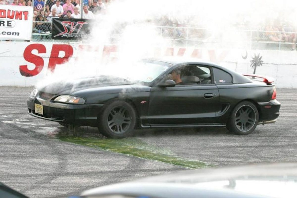 Also taking place Wednesday is the SVTPerformance.com burnout contest. This is a burnout contest like no other, and as you can see, some cars get out unscathed, but others aren't so lucky. This was at least year's burnout contest, where this SN95 became quite hot while trying to please the crowd.