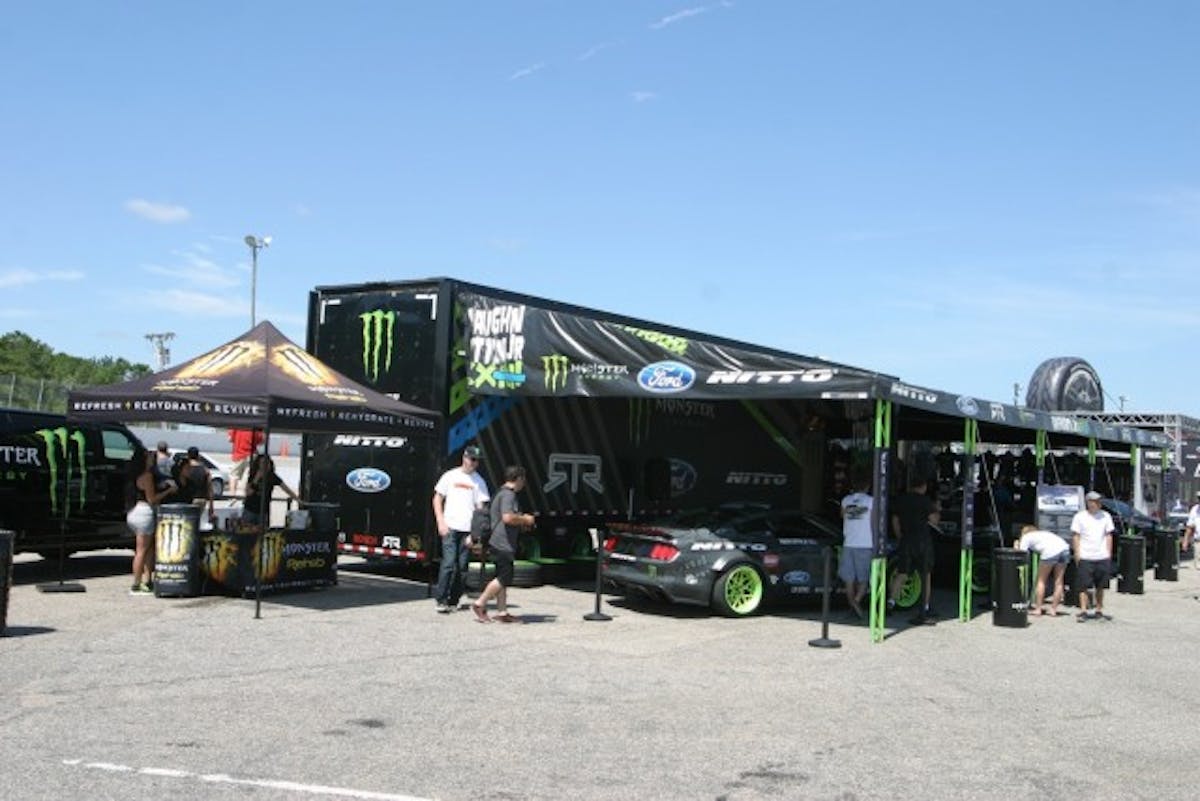 Vaughn Gittin Jr is here today to put on drifting displays to show everyone proper car control. Many Mustang Week attendees need a few car control lessons, or leave the drifting to Gittin. Of course, as one of Gittin's sponsors, Monster Energy has a booth here handing out cold Monsters; and yes, we've already had one today, and will be going back for another one, as well. 