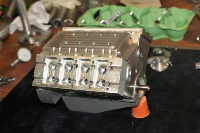 An early version of the engine with the first of four lower intake manifolds installed.