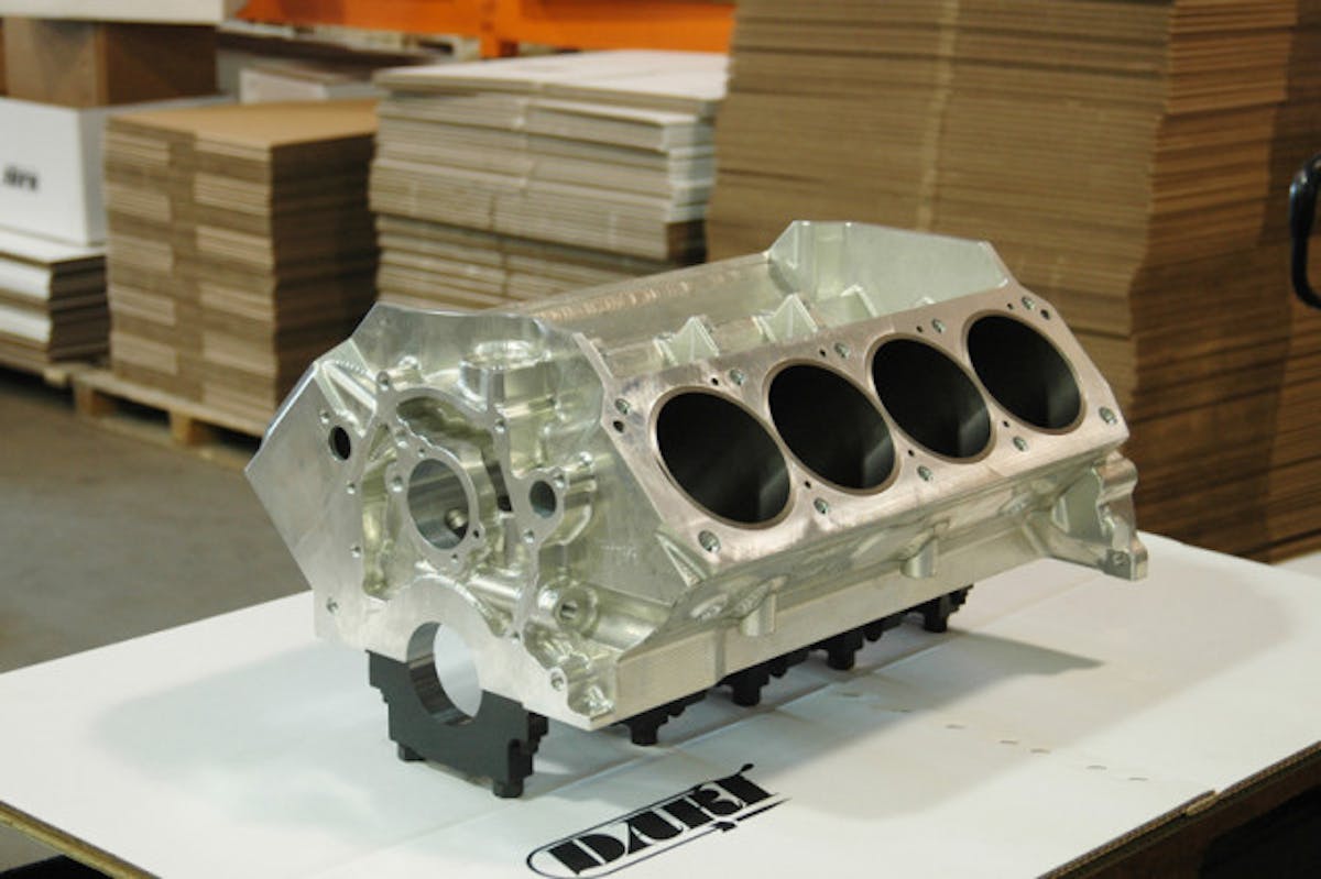 Engine block or eye candy? This is Dart’s billet aluminum block, used when you need ultimate strength and reduced weight. Keep in mind that billet blocks are typically "dry", meaning that no coolant flows through them. They are typically used in no-holds-barred upper-echelon racing classes only, where the engine only runs for a minute or two at a time.
