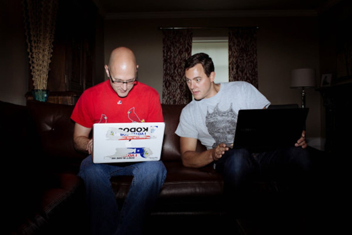 Charlie Miller, left, a security researcher at Twitter, and Chris Valasek, director of Vehicle Security Research at IOActive, have exposed the security vulnerabilities in automobiles by hacking into cars remotely, controlling the cars' various controls from the radio volume to the brakes. Photographed on Wednesday, July 1, 2015 in Ladue, Mo. (Photo © Whitney Curtis for WIRED.com)