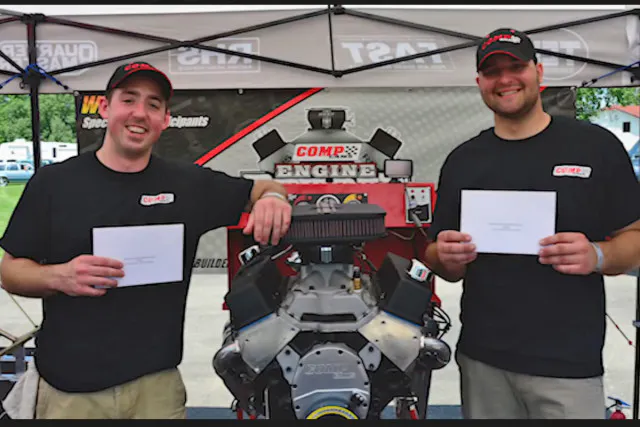 Calvin Lohring (left) and Dan Wereminski (right) display their COMP Cams gift certificates earned by winning their matchup of the  Engine Builder Duel in Du Quoin, IL.