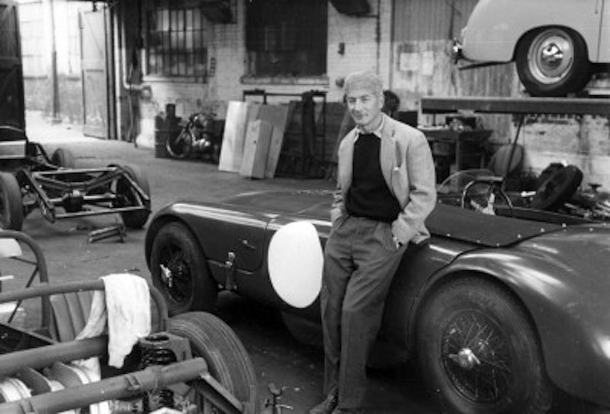 Zora Arkus-Duntov in garage with Allard J2X, raced at LeMans in 1952. Zora Arkus-Duntov spent several years at Allard after running his own business at Ardun, and before moving on to a major corporation at General Motors.