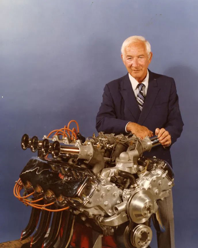 Zora Arkus-Duntov with engine1968 Chevrolet Experimental Big Block V-8 Engine.