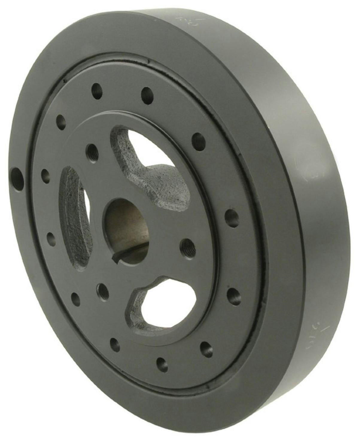 Stock-style small block Chevy damper. The center hub and outer inertia ring are separated by the elastomer (rubber) ring that is bonded to both pieces.