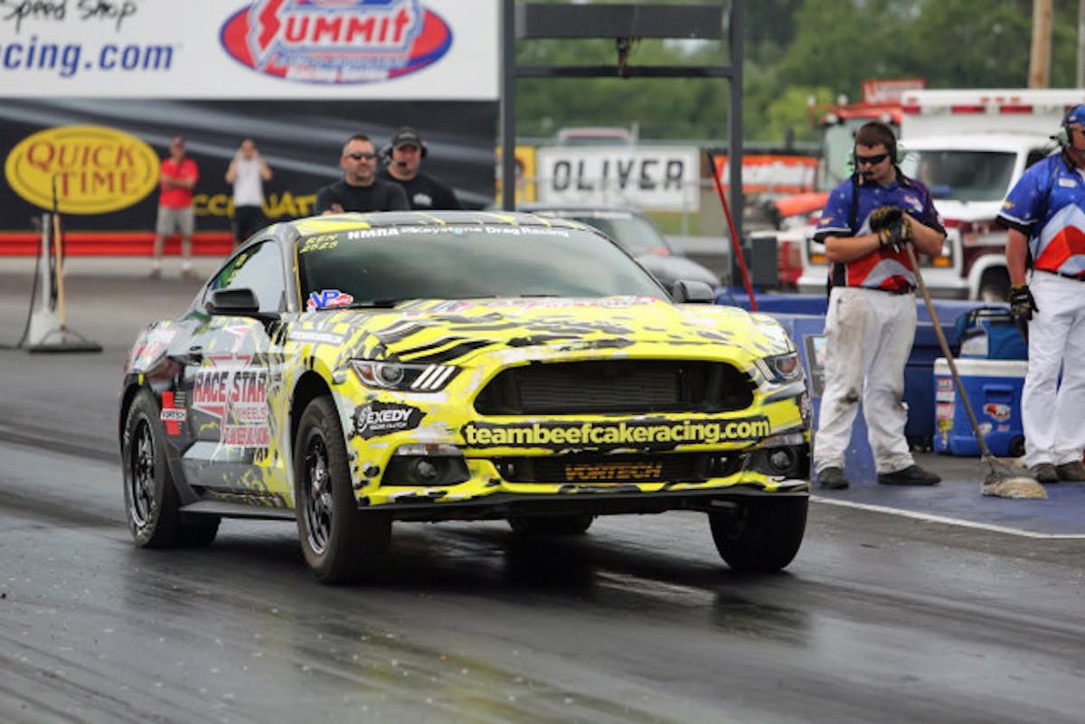Beefcake's other car, this brand-new 2015 Mustang, holds the record for quickest S550 car at this point with its JT-B trim supercharger and completely stock, OE engine. Reeves is always testing new products for his business, and has achieved a best pass so far of 9.59 at 145 mph for his efforts.