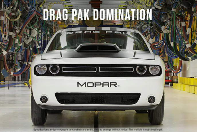 The Mopar Dodge Challenger Drag Pak for 2015 is new and improved over the previous version. Image via Dodge.com