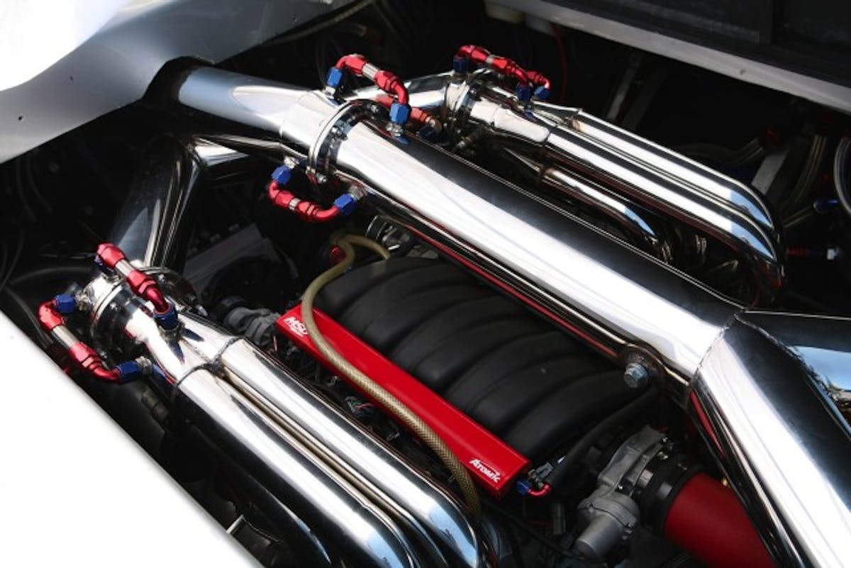 Custom water-cooled headers carry away exhaust gas - like many other components on this boat, they're designed specifically for this application.