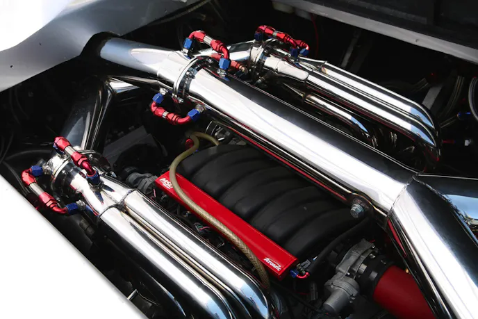 Custom water-cooled headers carry away exhaust gas - like many other components on this boat, they're designed specifically for this application.