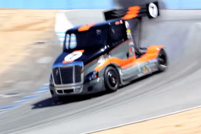 Exiting the Corkscrew Ryan's Freightliner slides down to the flat.