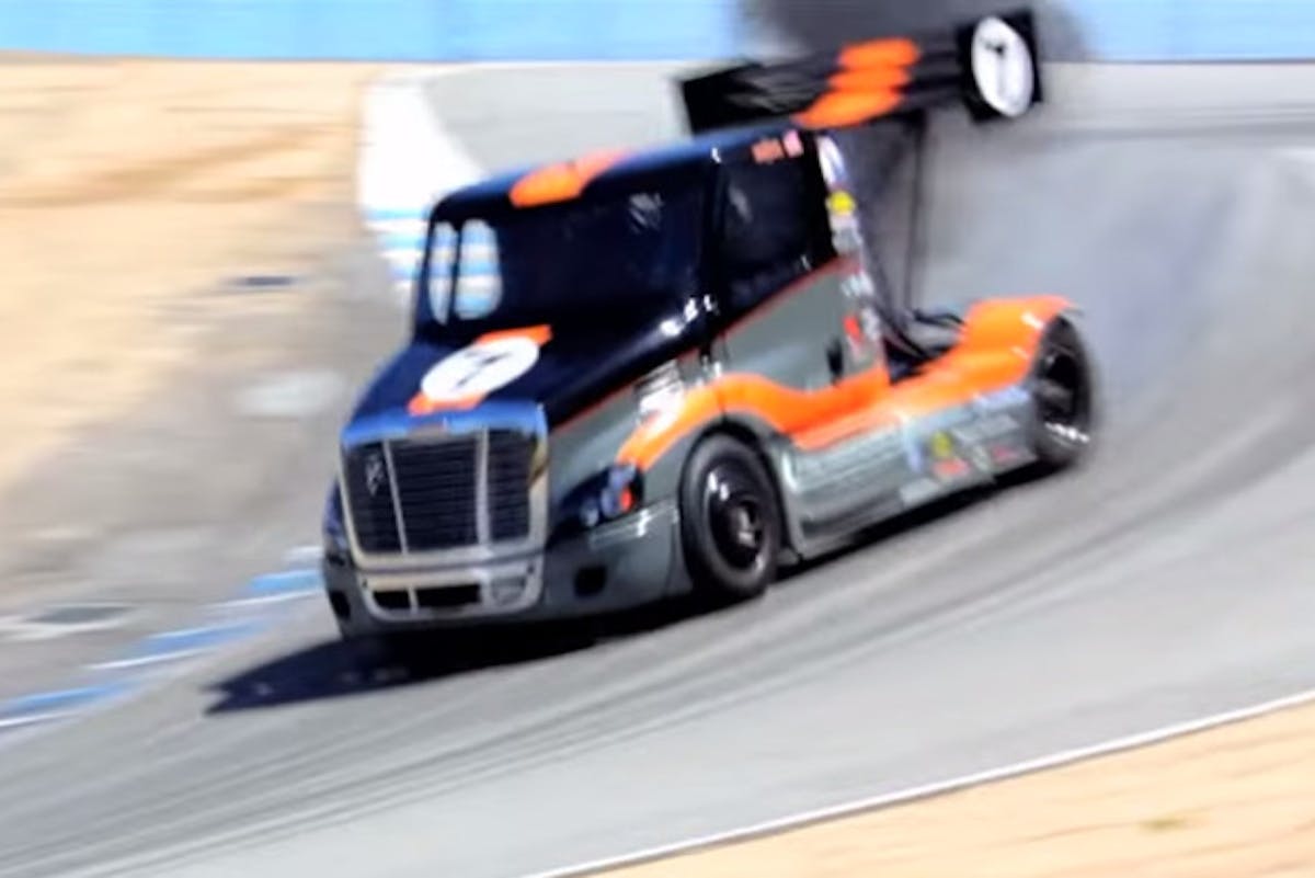 Exiting the Corkscrew Ryan's Freightliner slides down to the flat.