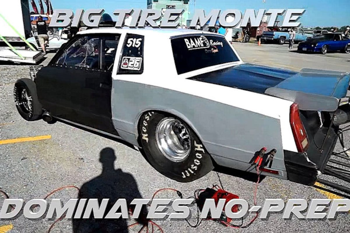 Big Block Monte Carlo with monster engine wins "Big Tire Class" at local drag strip. Images from video.