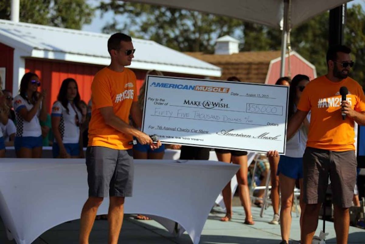 Andrew Voudouris (left) and Steve Voudouris (right) present the Make-A-Wish Foundation with a healthy $55,000 donation, supported by all who attended the 2015 American Muscle Car Show. Well done!