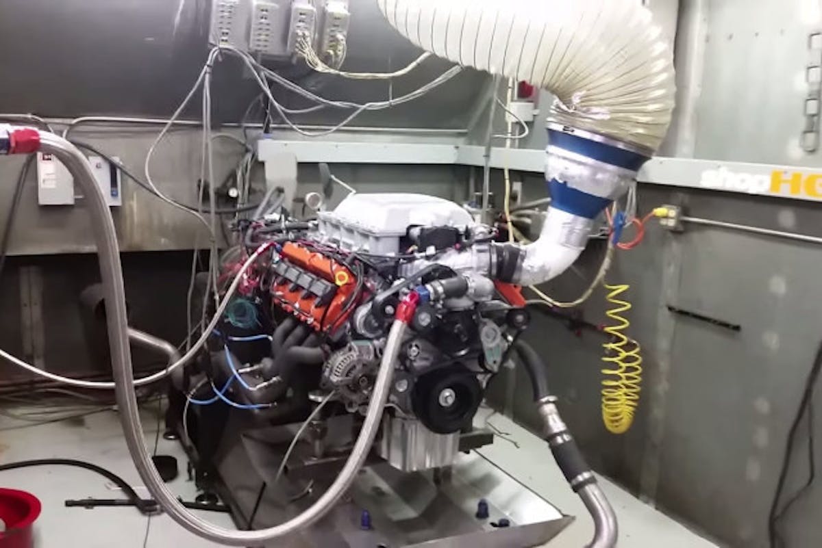 The engine in the dyno cell.