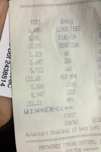 The slip doesn't lie. Wofford was able to dip into the 8-second zone with an 8.94 at 151 mph with a stock Coyote long block. 