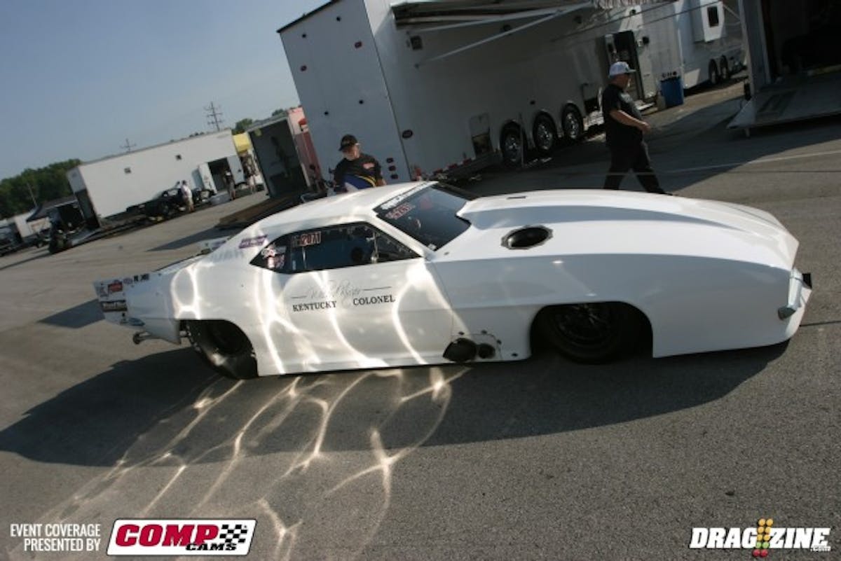 The sun is out at Norwalk, as you can with the reflection on Willard Kinzer's Pro Mod Camaro. Kinzer ran a 6.09 at 240 mph in Friday morning's test session.