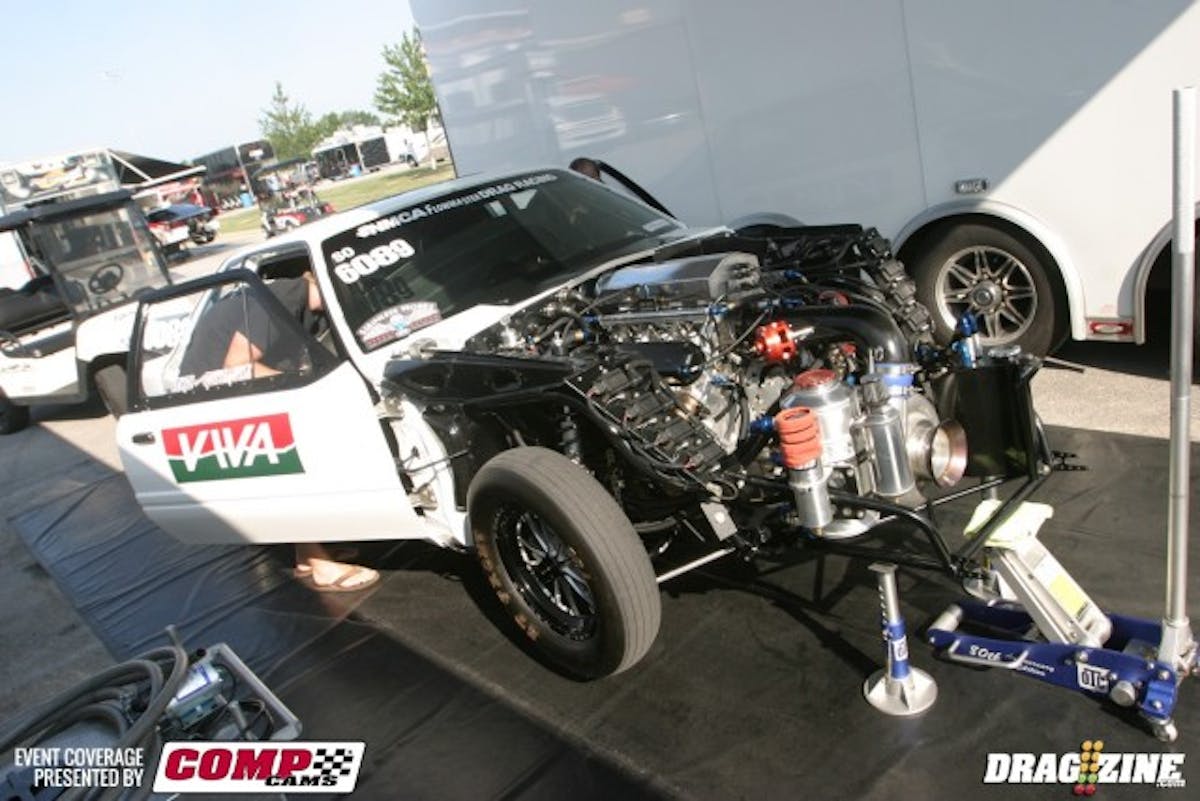 Eric Gustafson runs an LS-based, ProCharger-equipped combination in his Fox Mustang in Street Outlaw. During Friday's test session, Gustafson was able to run a stellar 4.49 at 166 mph. 