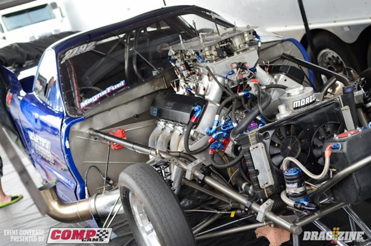 An impressive field of 17 cars is on hand in the 315 Radial vs. Outlaw 10.5 category, which is led by Taylor Lastor's 4.097. Smack in the middle of the field is Radial vs The World star Jamie Hancock, who cocked a 4.53 in his big block nitrous Corvette last night. As Hancock's crew told us, the track prep has thrown them for a bit of curveball thus far, making it difficult to get through the early part of the run. After some changes, they'll be looking for some 4.0s later tonight.