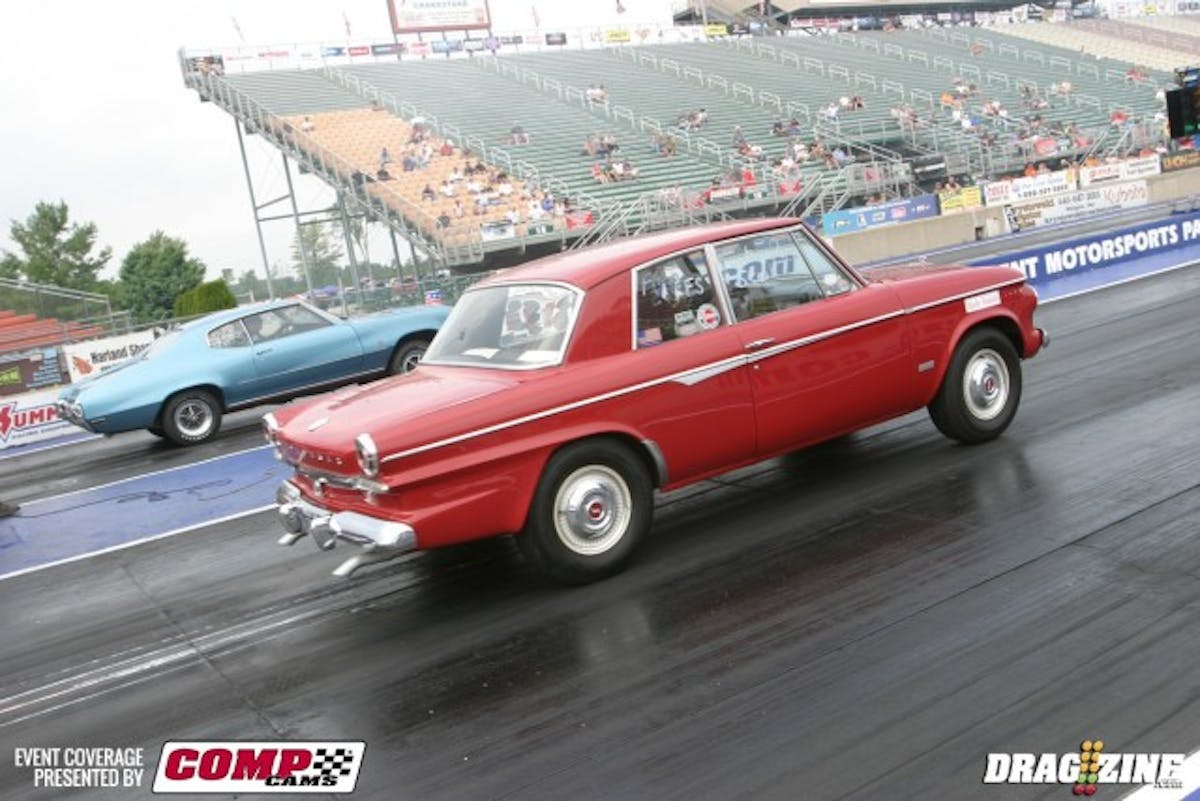 One of the more unusual cars here at the NMCA Finals is the 1963 Studebaker Super Lark of Ted Harbit. He is running in the National Parts Depot FAST class, and running deep into the 13s. 