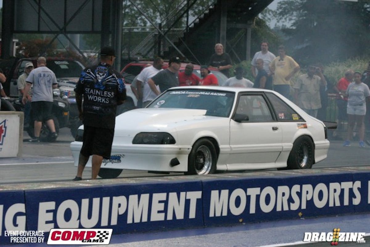 Jason Hoots is here running Extreme Street with a Vortech YSi-Trim BXL, Powerglide, and Ultimate Converter Concepts converter. He and his traveling buddy Paul Wiley were repairing their golf cart when we came by,  and he was hoping for about 17 more pounds of boost, as well. We saw him driving around the golf cart so we think that part was fixed with a little welding, but an off-pace pass leaves us wondering if he is still in need of some boost. 