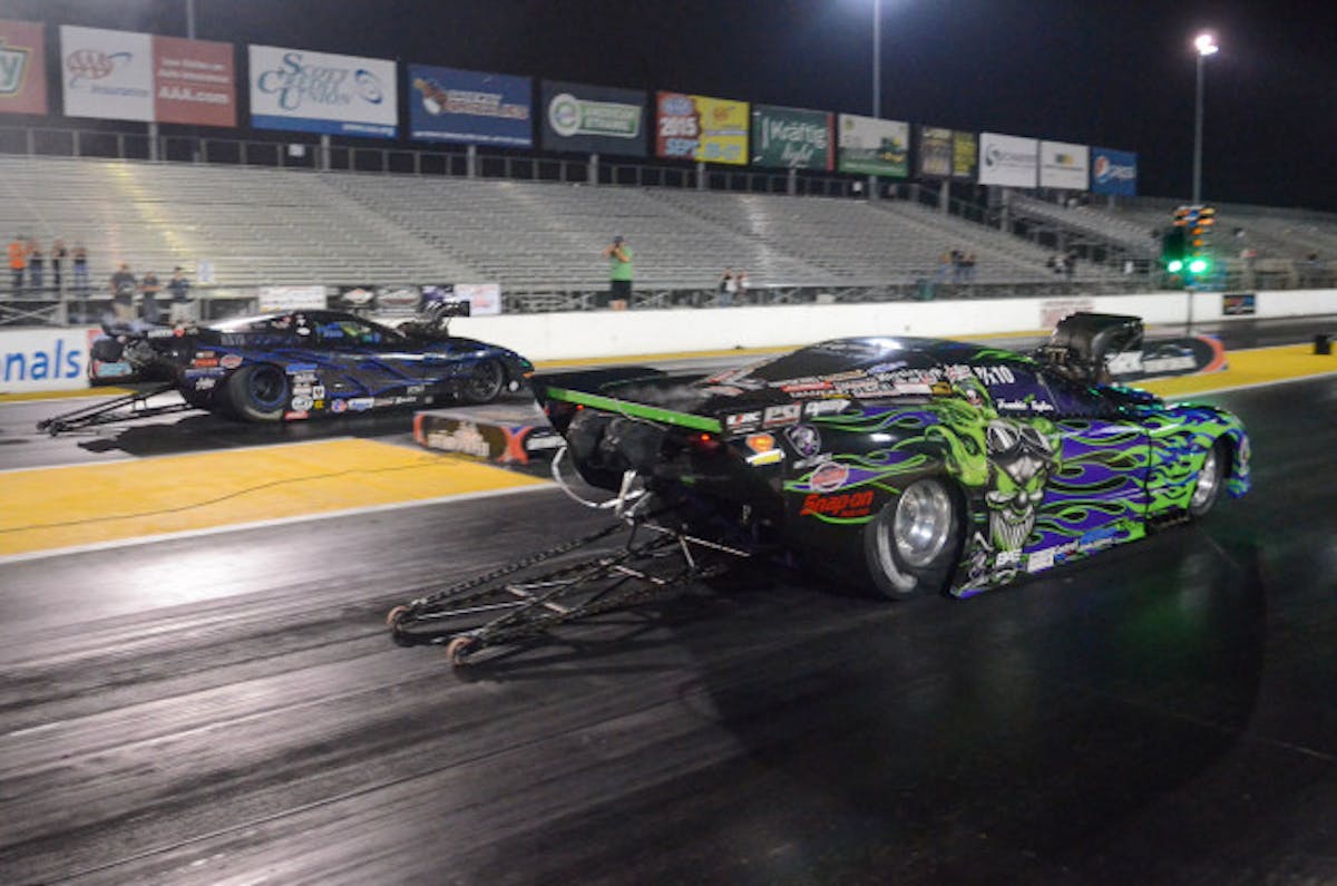 In one of the closest finals of the night on paper, Frankie "the Madman" Taylor took down Randell Reid in the Outlaw Pro Mod final with a stout 3.58. Reid got crossed up a couple hundred feet out and could only watch the Stupid Fast Racing Corvette sail to victory.
