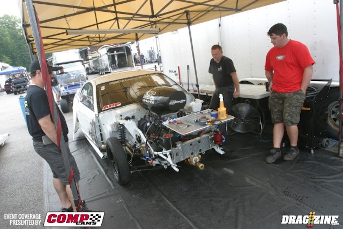 Nitrous Pro Street racer Joe Bucaro utilizes a Zapp Racing Engines small block Ford with a Monty Smith nitrous system, a Pro-Formance Transmissions Turbo 400 with a Neal Chance converter, and a Chris Dunkin-tuned suspension. The guys from TFL Performance is basically Bucaro's crew at the races, and help him out a ton. Mike Testani, former NMRA Super Street Outlaw racer, is here at the NMCA World Finals helping Bucaro clinch the 2015 Nitrous Pro Street championship, as well. 