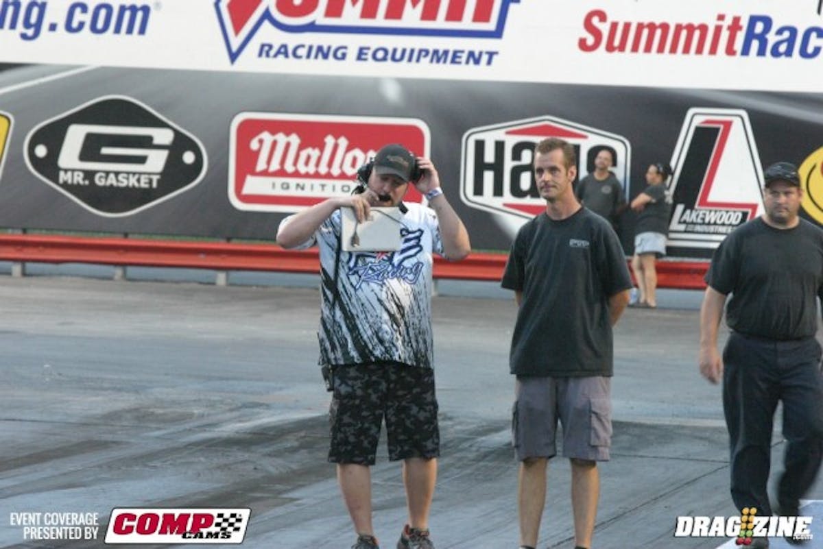 Between the two of them, Jason Lee and Patrick Barnhill are tuning on 13 cars here at the finals. This morning's soupy weather has turned into a rather warm afternoon, but Barnhill tells us he tunes a car differently for every pass down the track, taking into consideration weather and track conditions, and other variables. The guys are plenty busy here at the finals, as is usually the case at every event they attend. 