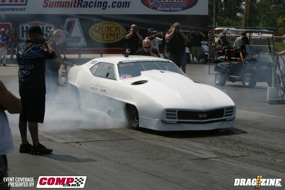 Willard Kinzer just ran 250 mph in the Pro Mod, but his car caught on fire just past the traps. Kinzer is out of the car, and we have no word on damage to the car as of this minute. This guy can't catch a break. 