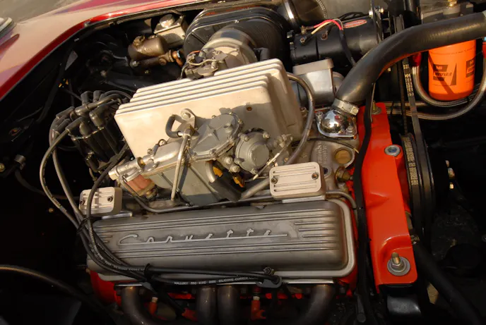 A sight familiar to Corvette fans: the doghouse for the Rochester mechanical fuel injection.