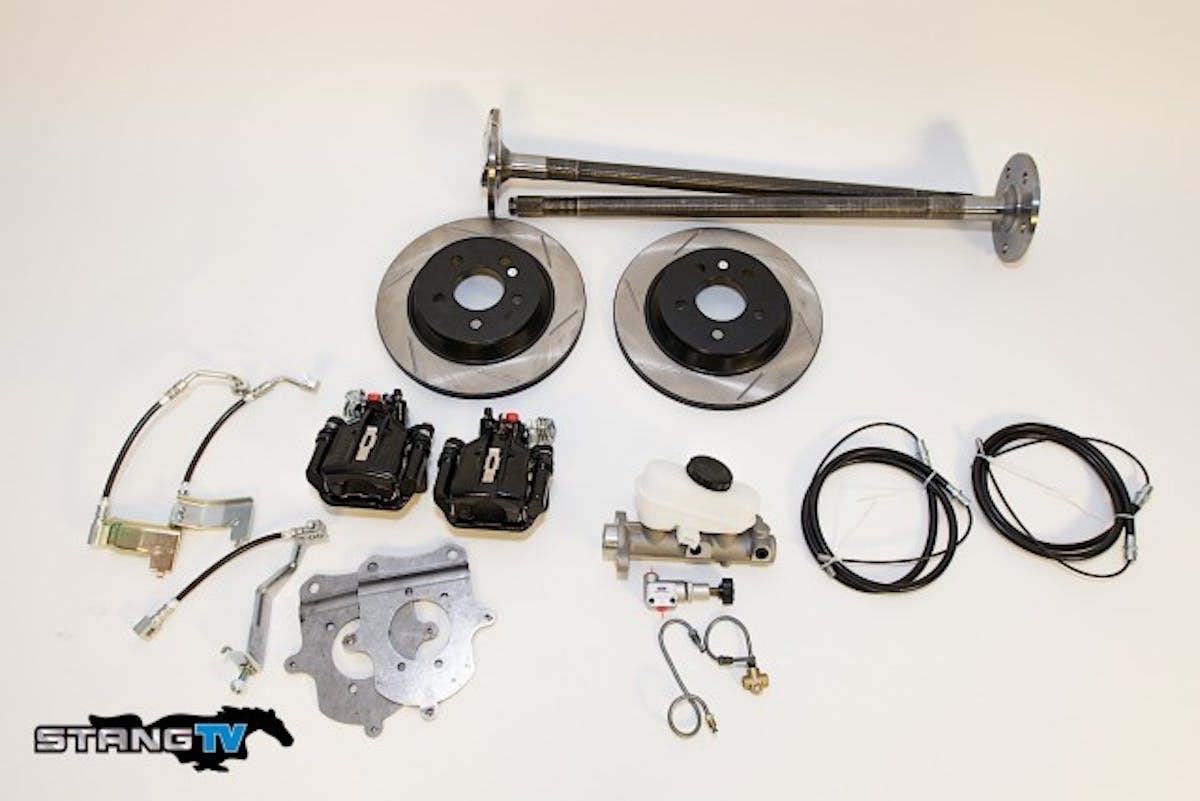 Pictured here is everything that's included in our SVE Mustang 5-Lug Rear Disc Conversion Kit 28-Spline, which is part number #SVE-2320CAK-B on LateModelRestoration.com.