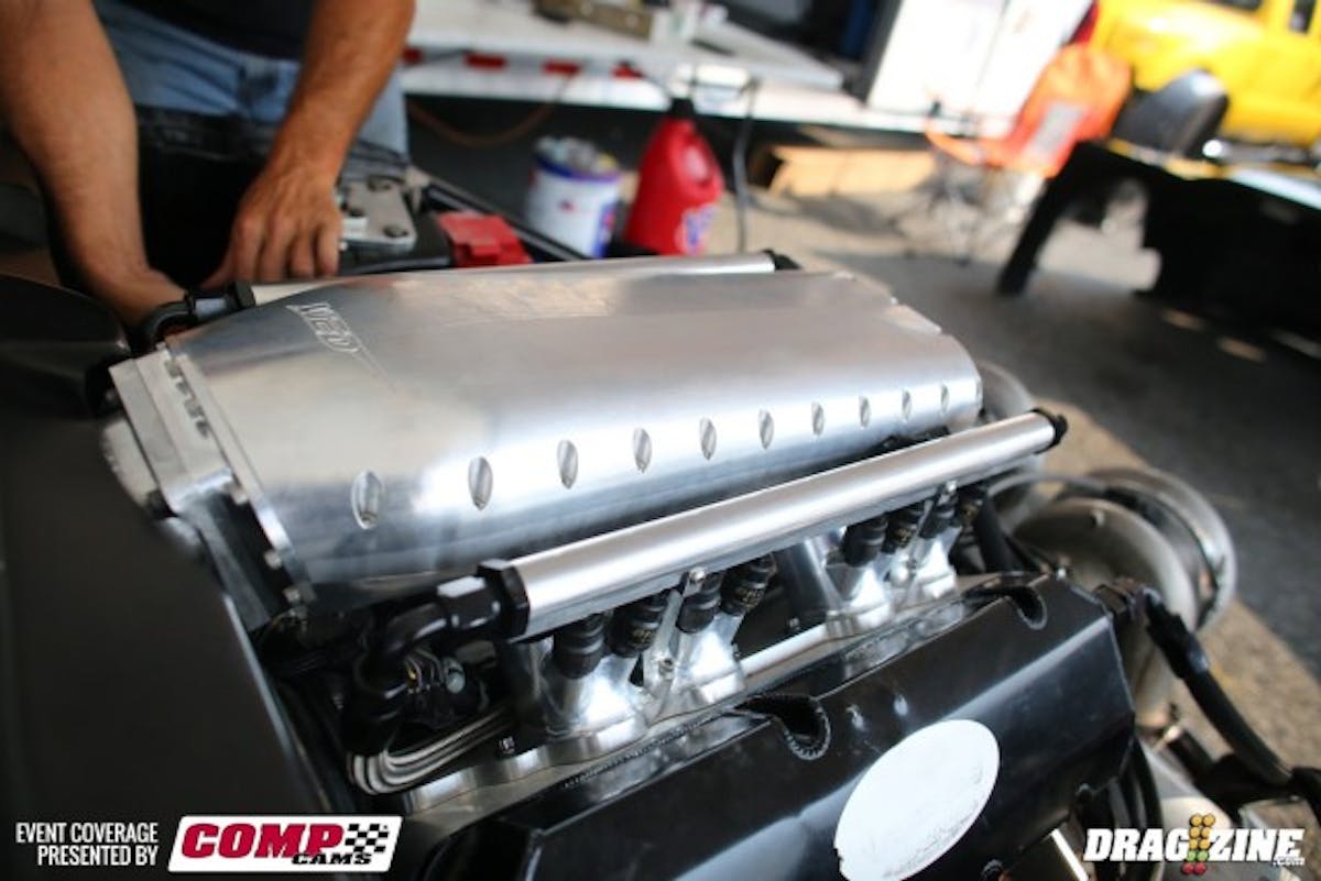 Frank Soldridge recently installed a new set of spread-port billet big-block heads and billet manifold from David Visner at Visner Engine Development. He cracked off a 4.19 pedaling it this morning; with the new combo, he didn't have a chance to tune the engine in on the dyno before leaving for the event.