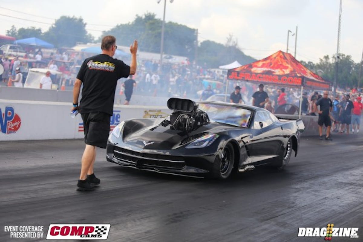 Outlaw 10.5 is led by Steve Gorman, but this is the car that's caught our eye so far in the class, Chuck Ulsch, driving for owner Gil Mobley Motorsports, is still sorting out the screw blower on the car and trying to get the power to the ground through the big 10.5 meats. Last night he landed in the number three spot with a strong 4.13 at only 186 mph. There's way more left in this car.