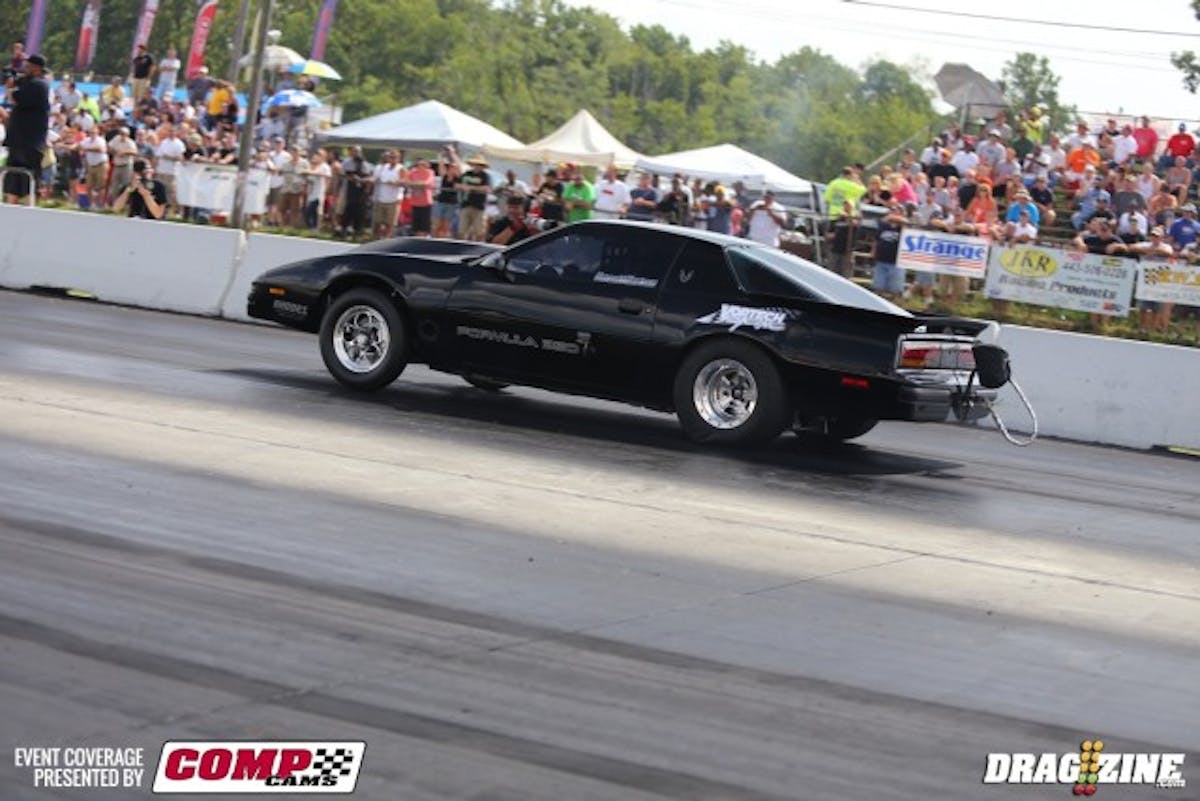 It's been a few years since Don Barnett's been out with his Pontiac. He clicked off a 4.97 tonight in X275 in the Rhodes-built machine. Onboard is an XB-105 Vortech supercharger  with a 400ci engine, topped with a set of All Pro 23-degree  245cc raised runner cylinder heads from Curtis Boggs at Race Flow Development. Barnett and partner Keith Hartsoe got the car back from Rhodes as a roller and finished the car themselves. We're working to plan a feature  in the near future on this super-sano machine.