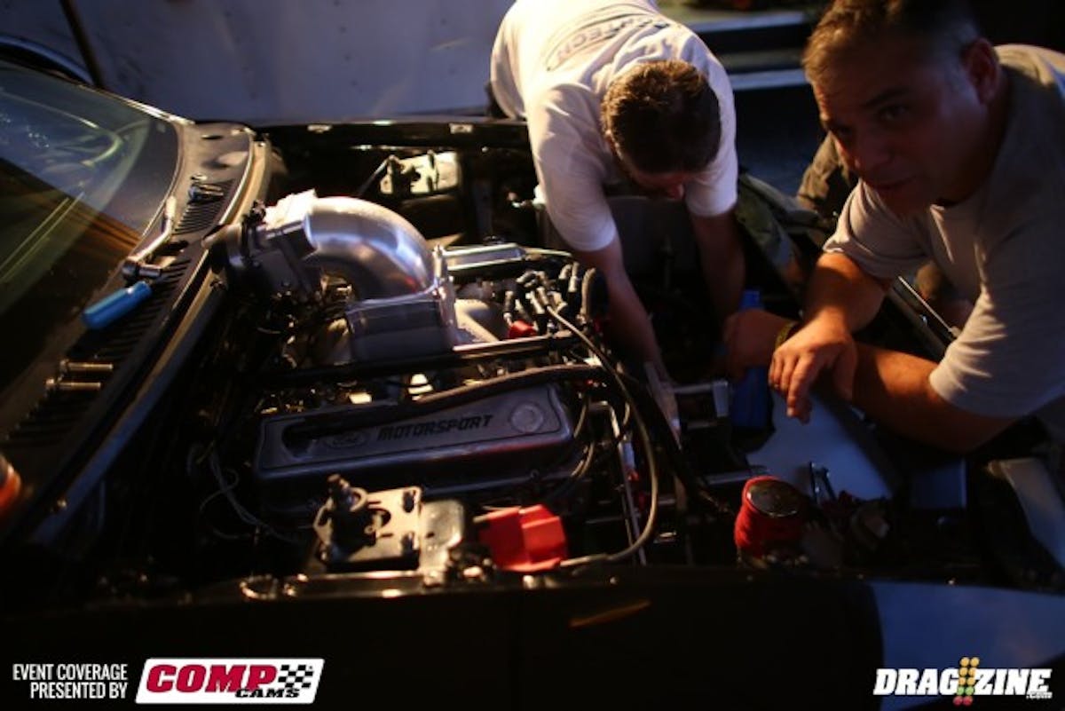 We caught up with Chip Provenza in the pits tonight; he tells us he's been testing on the downlow all season to sort out his Vortech-powered Mustang, in preparation for an assault on NMCA's Xtreme Street class next season. The team was changing the supercharger gear-drive bushings tonight.