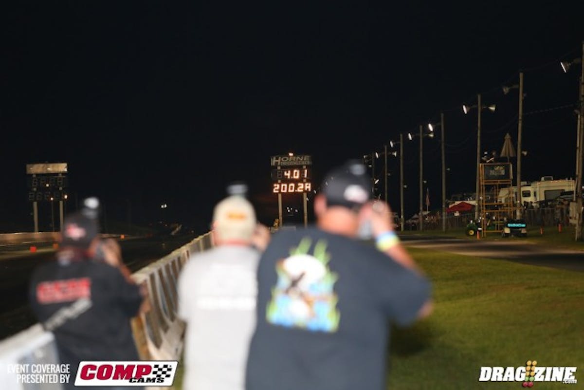 Oh-so-close! The Golden Gorilla almost did the deed right here at the Yellow Bullet race. When the vast majority of the Outlaw Drag Radial field couldn't take advantage of tonight's cooler temperatures, DeWayne Mills went right down Broadway.