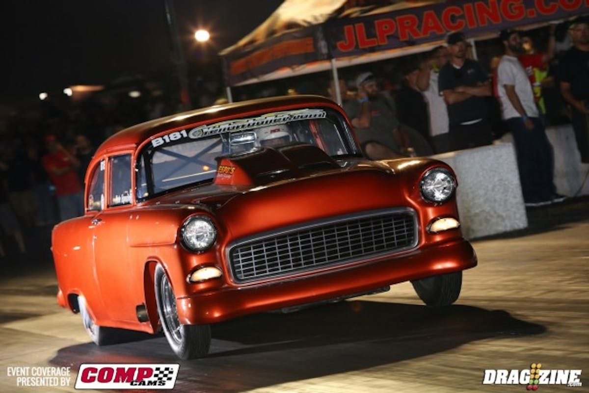 The sweet Tri-Five of Peter Esposito is on the move in Outlaw Big Tire, winning on a holeshot over Craig Buscio in the quarterfinal.