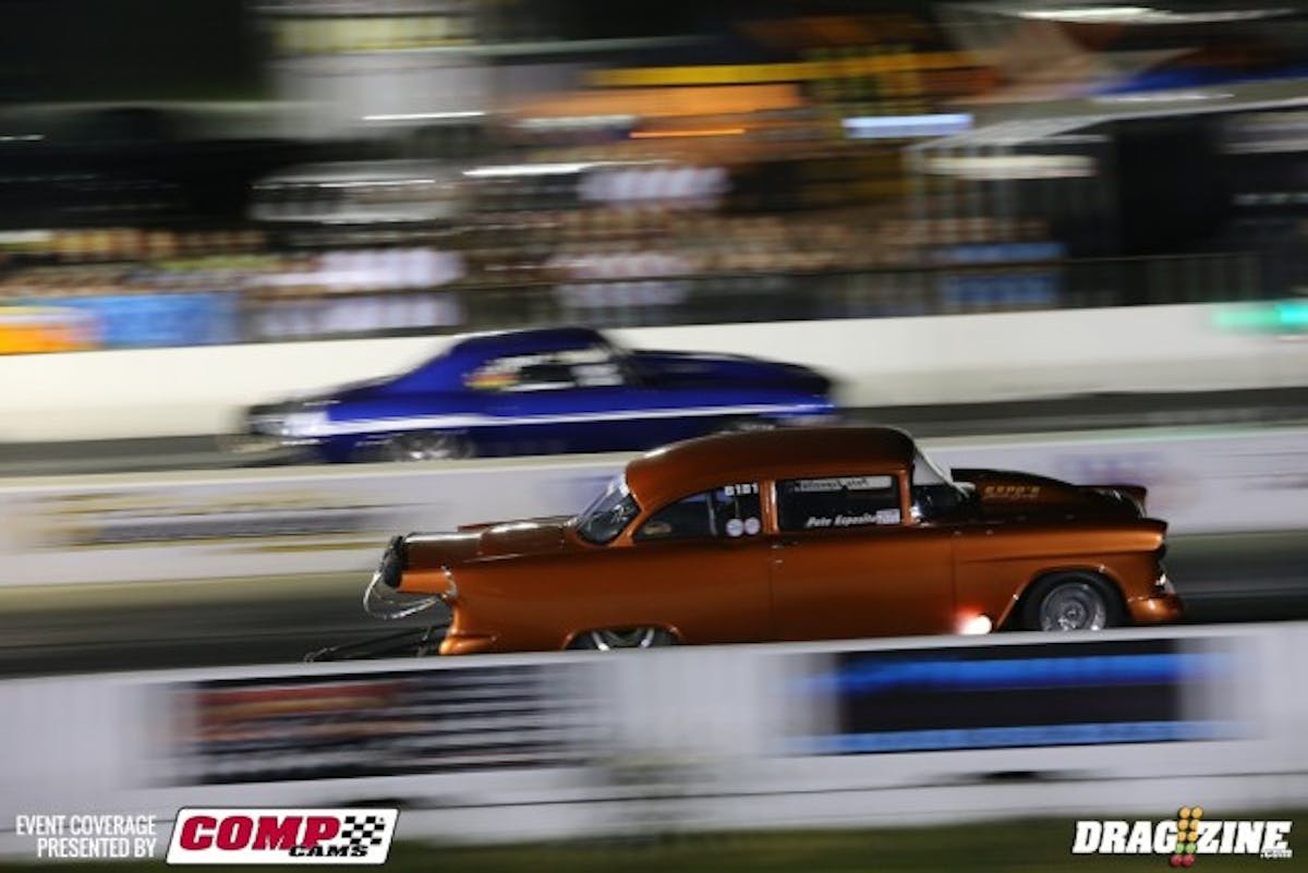 Peter Esposito is ahead in this photo, and that's about as close as he got to winning this race against  John Fisher. The Camaro pulled ahead just after this and took the win with an outstanding  4.31 to Espo's 4.60.