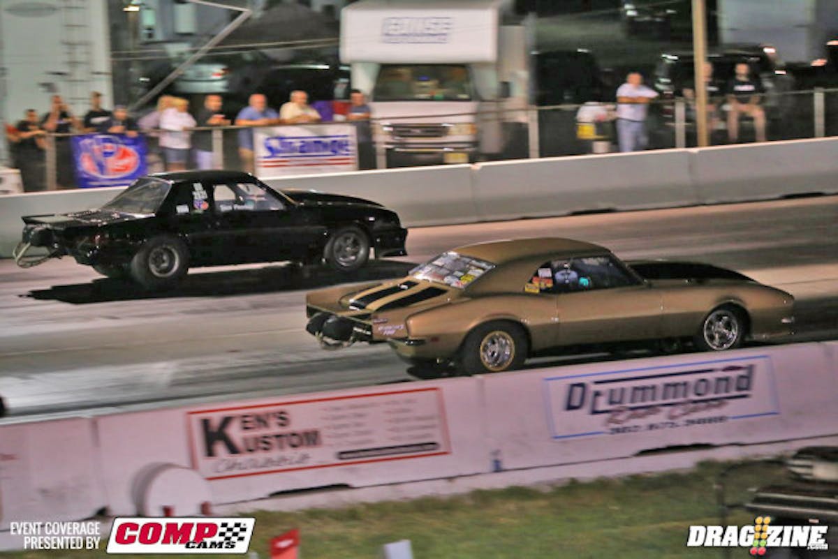 ...And this is where The Golden Gorilla turned Enzo's hopes of moving into the final into dust, pouring on the power, crossing the stripe with a 4.01 at 201 mph--identical to his last qualifying pass, and backing up the track ET and mph records for Outlaw Drag Radial.