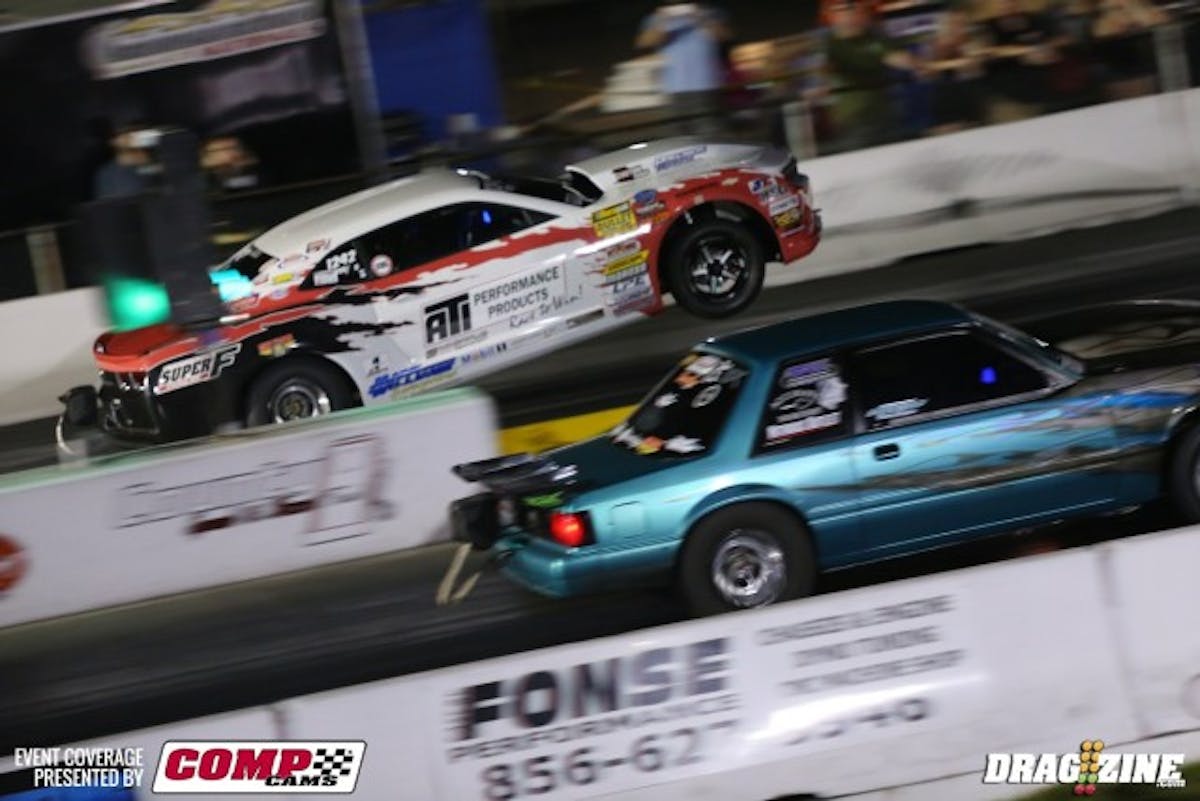 It doesn't win races, but wheelstands like this sure do look pretty. Unfortunately for J.C.Beattie, Jr., this is where Shawn Pevlor pulled away  and took his spot in one-half of the Ultra Street final round.