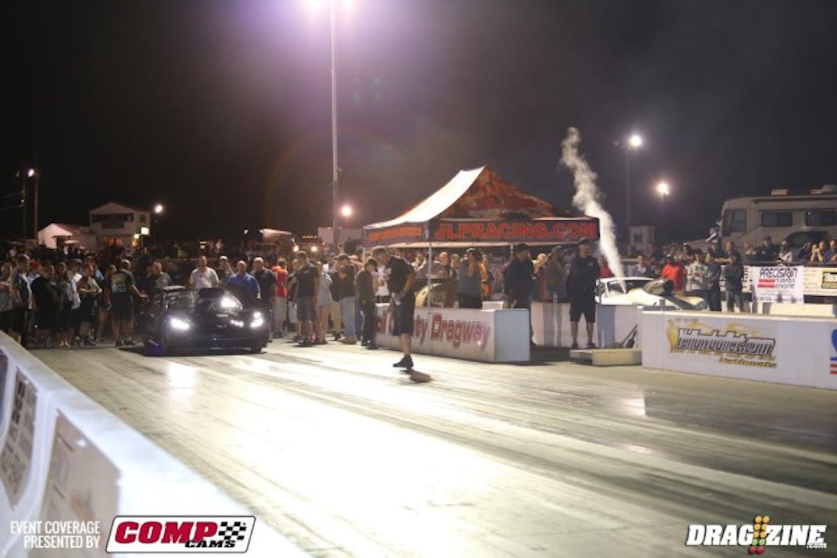 Just after this, Mo Hall (far lane) turned on the angry red bulb in an anticlimactic Outlaw 10.5 final round between two of  the meanest cars on the property. Chuck Ulsch (near lane) is your 2015 Yellow Bullet Nationals Outlaw 10.5 champion. In the process, he turned in a 4.09 at 189 mph blast.