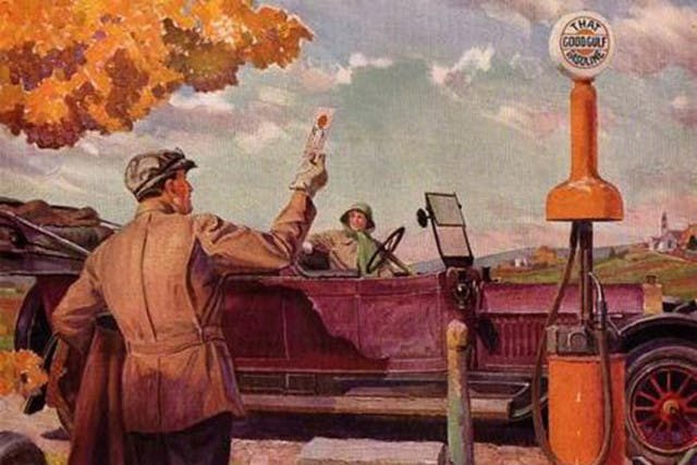 The first drive-in gas station had a pump similar to this one. Image via American Oil and Gas Historical Society.