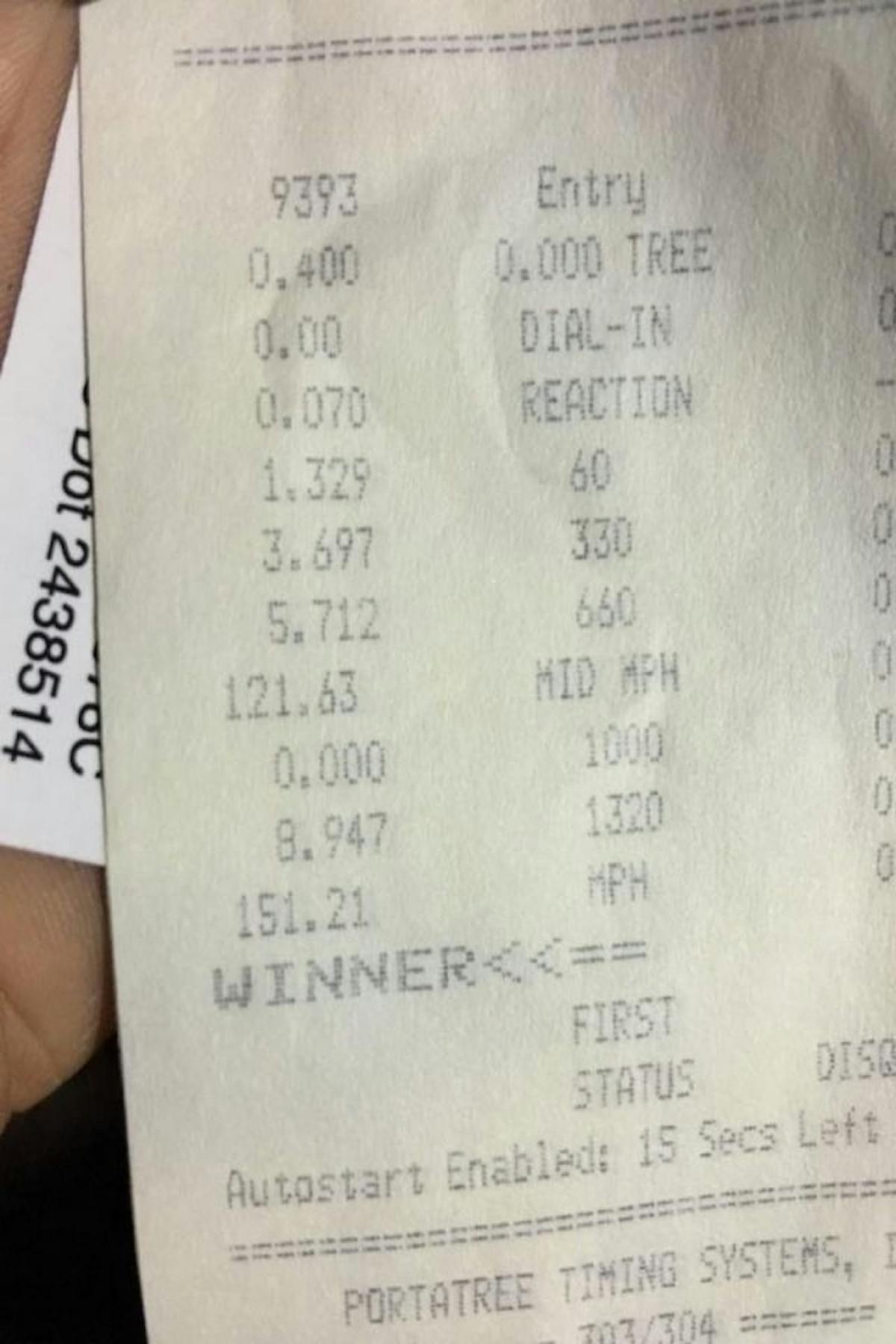 If you're a Fantasy Island Dragway regular, you don't have one of these. This is what's called a time slip. This is what people get after they make a pass at a drag strip. After they make a pass, there's a time slip booth where you get a time slip telling you what your Mustang ran. FID doesn't have a time slip booth because you make up your own times at FID. When it comes to time slips, you need to get your own.