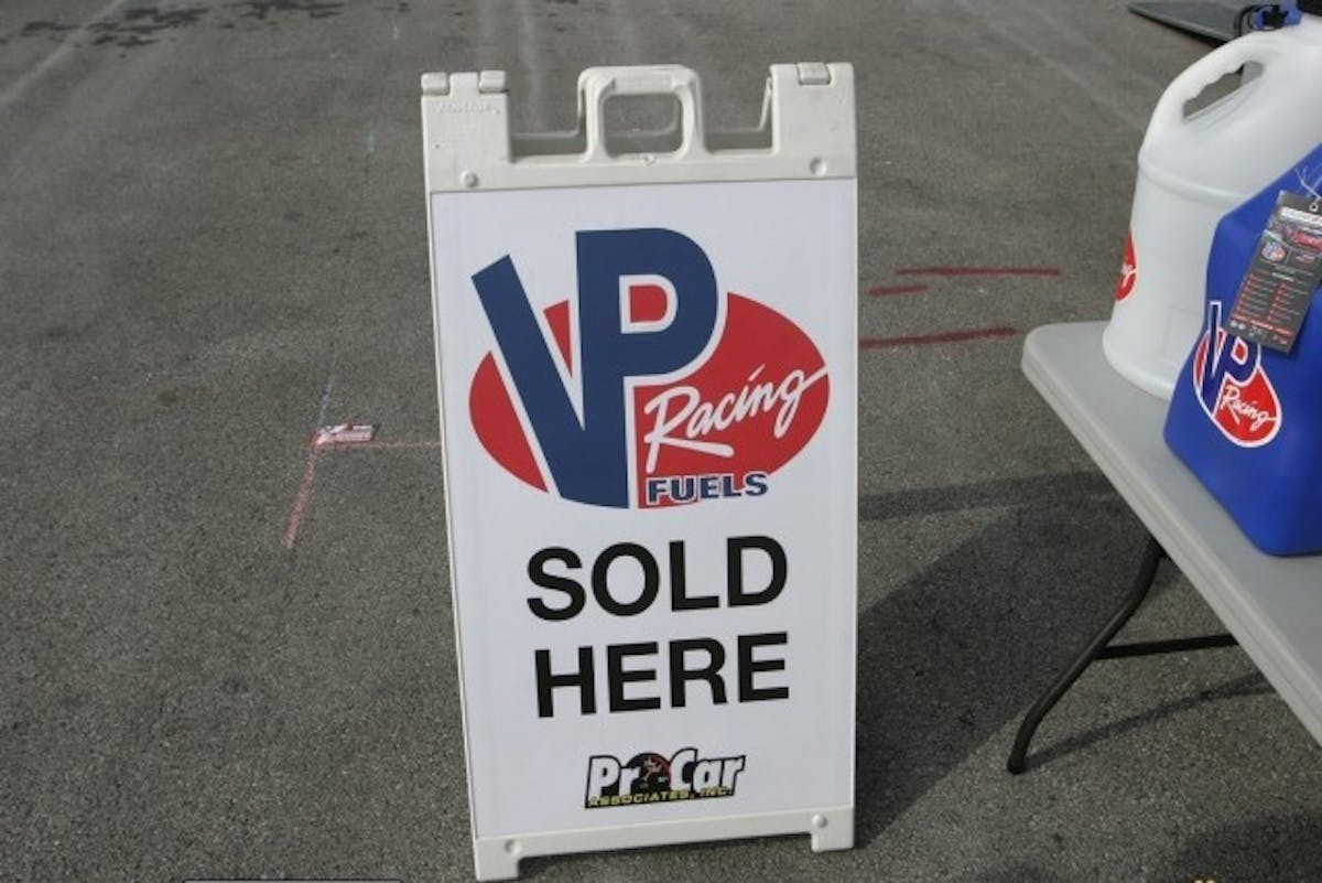 This is the sign you need to look for when purchasing race fuel. The distinctive VP Racing Fuels' red, white, and blue colors signifies you've come to the right place. At the most recent NMCA Finals at Summit Motorsports Park in Norwalk, Ohio, ProCar Associates' Christopher Wright marketed VP's array of racing fuel offerings; filling racers and spectators alike in on the details of each fuel.